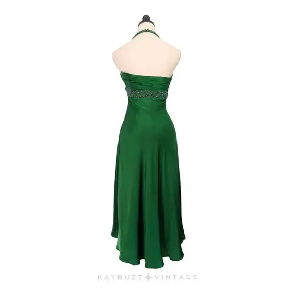 Cache Prom Dress Midi Gown 2 Green Silk Vintage Y2K Glam Bead Holiday  Halter Dresses